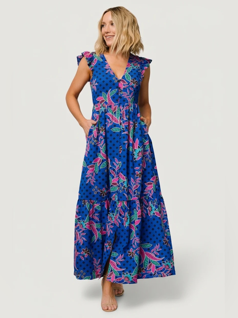Baltic Born Biscayne Maxi Dress with V-Neck and Flutter Sleeves Floral Sz Small